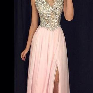 prom dress dresses slit side pink chiffon sparkly line custom cap evening sleeves beading sexy gown senior beaded neck sleeveless