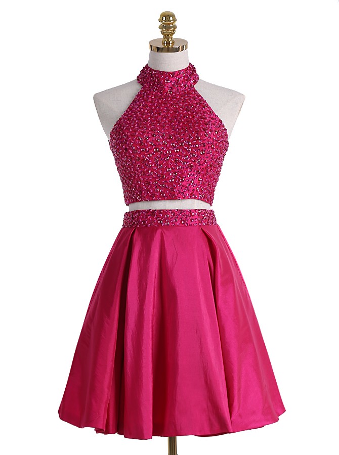 Pink Two Piece Halterneck Short Homecoming Dress With Beaded Bodice On